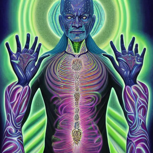 Prompt: a painting of androxus praying designed by alex grey, flooko, etheral, detailed, glows,