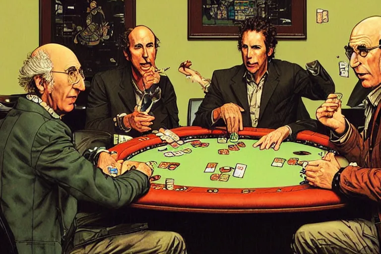 Image similar to larry david playing poker, very coherent, intricate design, painting by Laurie Greasley, part by Yoji Shinkawa, part by Norman Rockwell