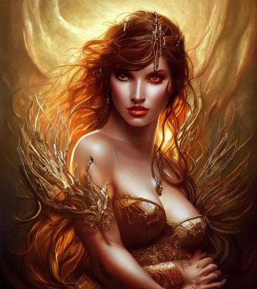 Image similar to a higly detailed full body shot portrait painting of a stunning and sensual female fantasy sorceress with piercing beautiful eyes, dynamic lighting, ambient lighting, deviantart, art by artgerm and karol bak and mark brooks