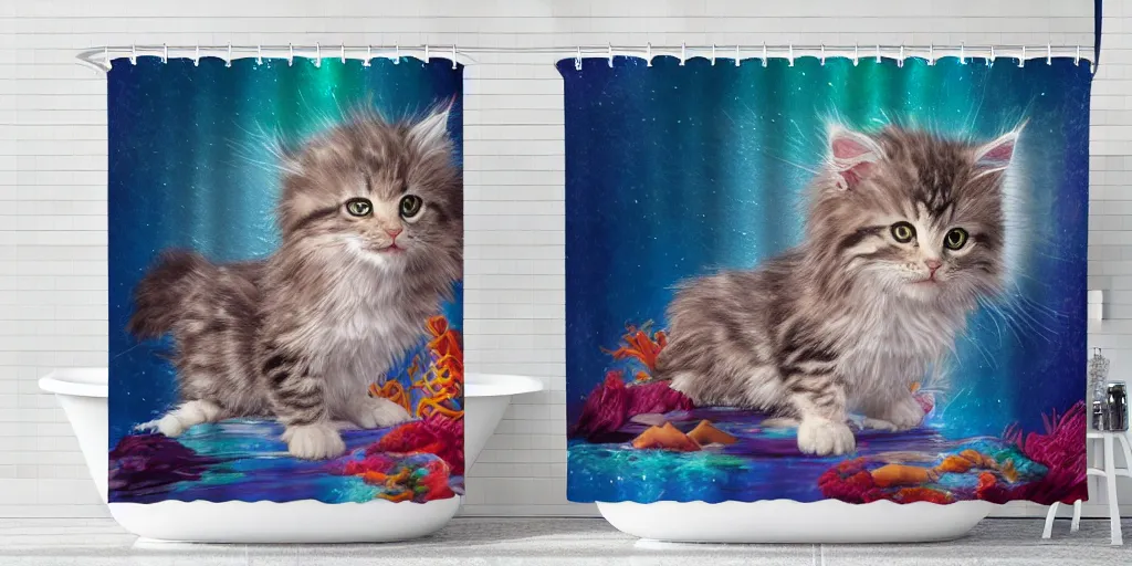 Image similar to a ( ( main coon kitten ) ) little mermaid themed shower curtain, shower curtain product photography. digital art. 4 k, highly detailed. saturated.