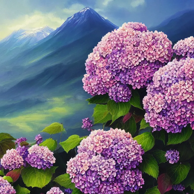 Image similar to a beautiful painting of hydrangea and mountain landscape, clematis theme logo, clematis theme banner, clematis design, clematis in the deep sea, clematis like stars in the sky, hydrangea, trending on artstation, warm light, lovely and cute, fantasy art, 8 k resolution, highly detailed
