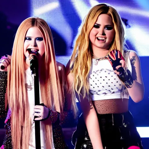 Image similar to Avril Lavigne and Demi Lovato preforming live on stage at the Grammys, high quality, HD, 4k, 8k