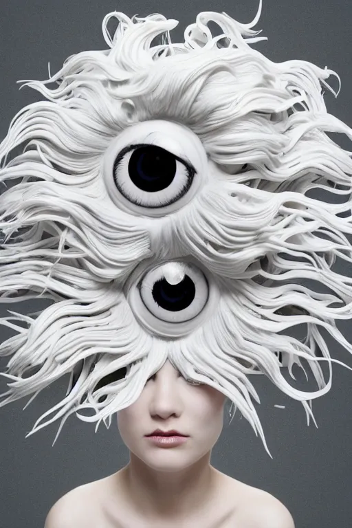 Prompt: 3 d full head and shoulders beautiful white porcelain woman with white big eyeballs all through her hair, realistic hair, 3 d swirling hair by theodor seuss geisel and daniel arsham and kim jung gi, on a white background