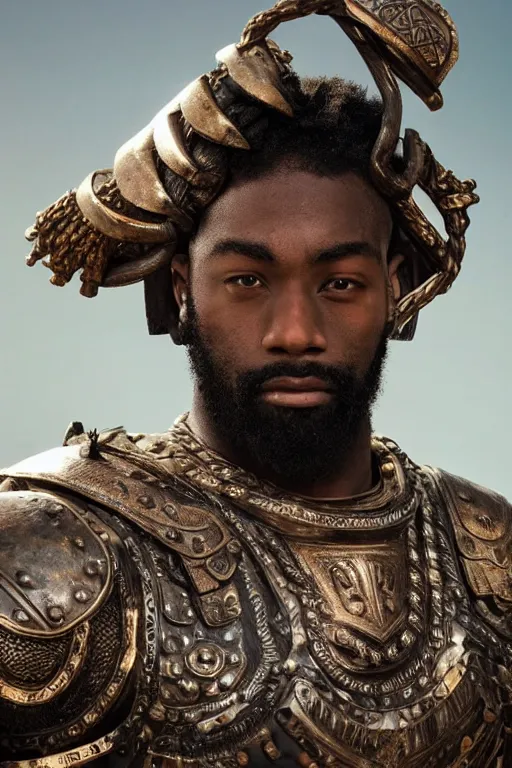 Prompt: portrait of a young african american rugged young man, thick black beard, big muscles, intricate bronze armour, cinematic lighting, highly detailed, cinematic still. Movie poster.