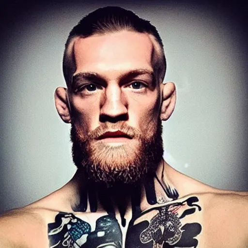 Image similar to “a realistic detailed photo of a guy who is an attractive humanoid who is half robot and half humanoid, who is a male android, boxer Conor McGregor, shiny skin, posing like a statue, blank stare”