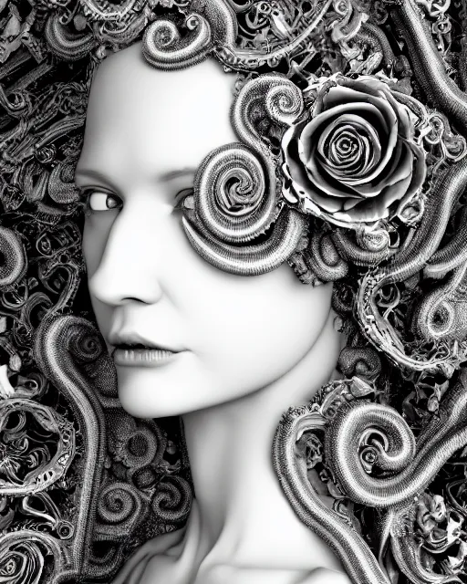 Image similar to mythical dreamy black and white organic bio-mechanical spinal ribbed profile face portrait detail of translucent steampunk beautiful female angelic-human-queen-vegetal-cyborg, highly detailed, intricate trnaslucent ivy jelly ornate, poetic, translucent roses ornate, 3D render, digital art, octane render, 8K artistic photography, photo-realistic, by Dora Maar