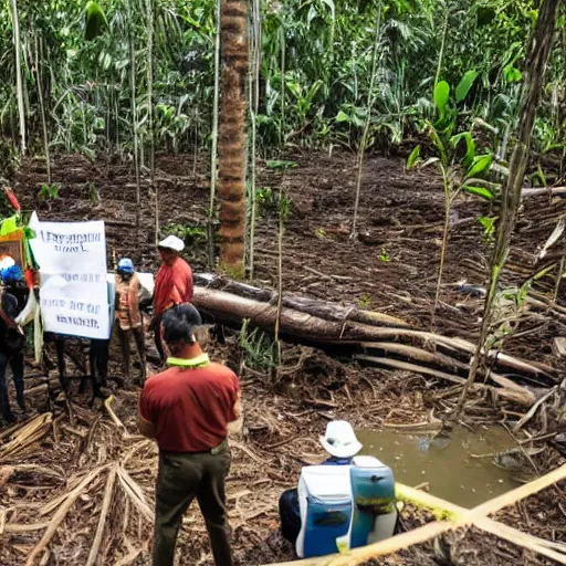 Image similar to oil company executives making money from destroying and polluting the amazon forest