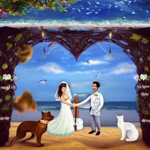 Image similar to a cat and dog getting married by the beach real life, hyper realistic, realistic, 4 k, 8 k uhd, intricate details, detailed, great detail