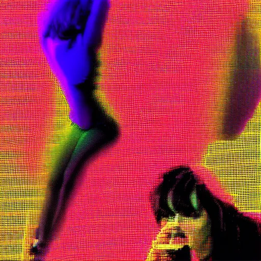 Image similar to Karen O of the Yeah Yeah Yeahs. Zoomed out full body. Glitch effect. Pixel glitch. Chromatic Aberration. data moshing glitch art. 4k.