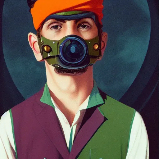 Image similar to Young Spanish man is Super Spy Captain, the Electric Boy, Art by Joshua Middleton, socks, Rene Magritte, succulent plants Chalk white skin, deep purple hair, Green eyes, Orange background, Mucha, Portrait of the man, surreal, ,carbon black and antique gold