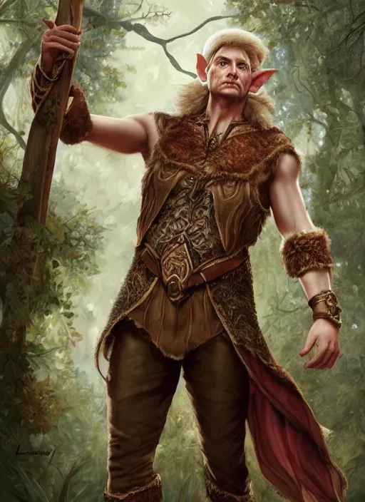 Image similar to a relaxed male elf middle aged druid in a sleeveless west, brown short hair, strong, full body, 8 k, hyperrealistic, hyperdetailed, fantasy portrait by laura sava