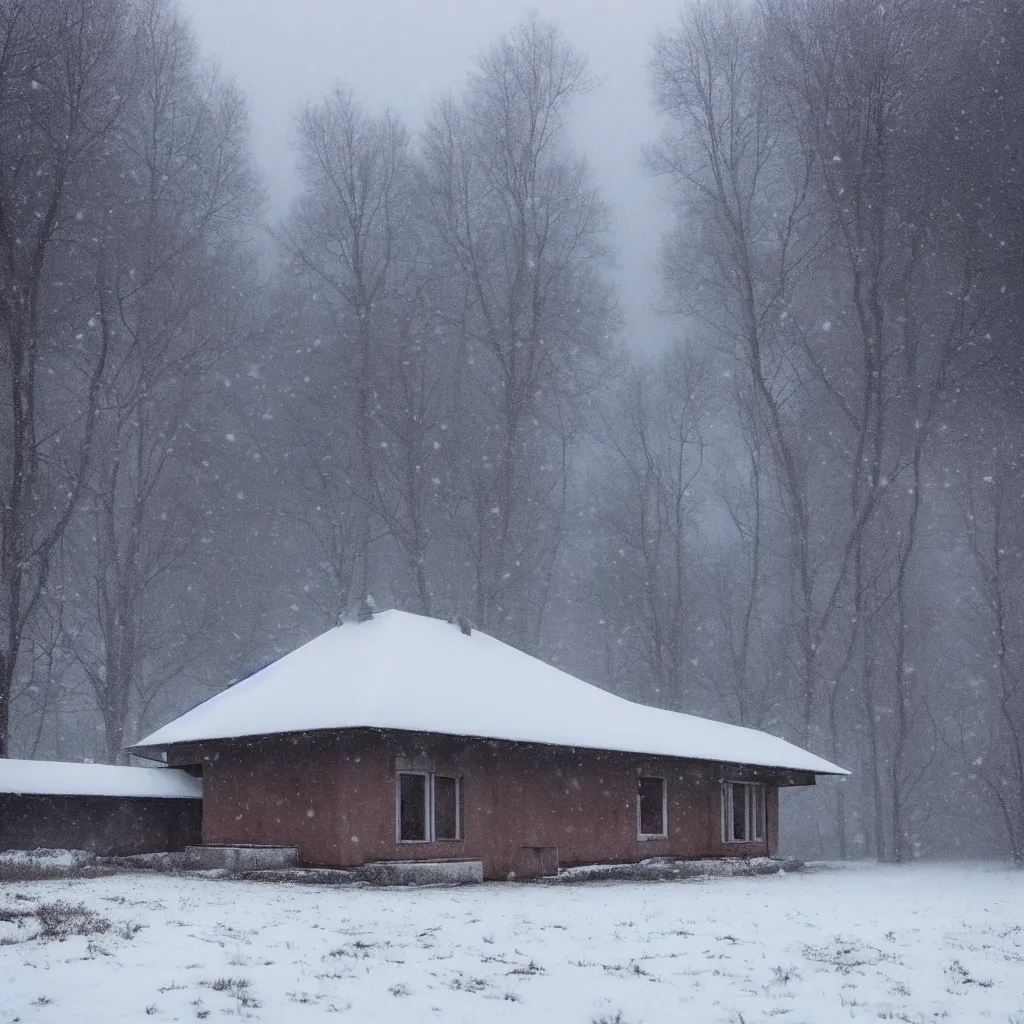 Prompt: landscape with brutalistic soviet architecture style house, near foggy forest and small pond, dark winter evening, snowing, strong, blizzard, atmospheric, mystical, very detailed 4 k, professional photography