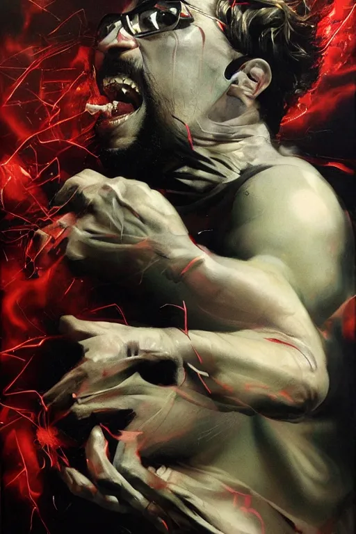 Prompt: no negative space uhd hyperrealistic photorealisitc hyperdetailed detailed sam hyde screaming, motion lines!!!! sparks flying!!! motion blur!! with sparking circuits, studio lighting, by phil hale!!!! goya!!! ayami kojima amano karol bak, greg hildebrandt and mark brooks