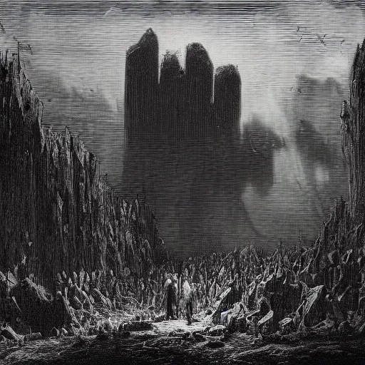 Prompt: a bleak dystopian world, divided down the middle in the style of gustave dore, vivid synthwave colours