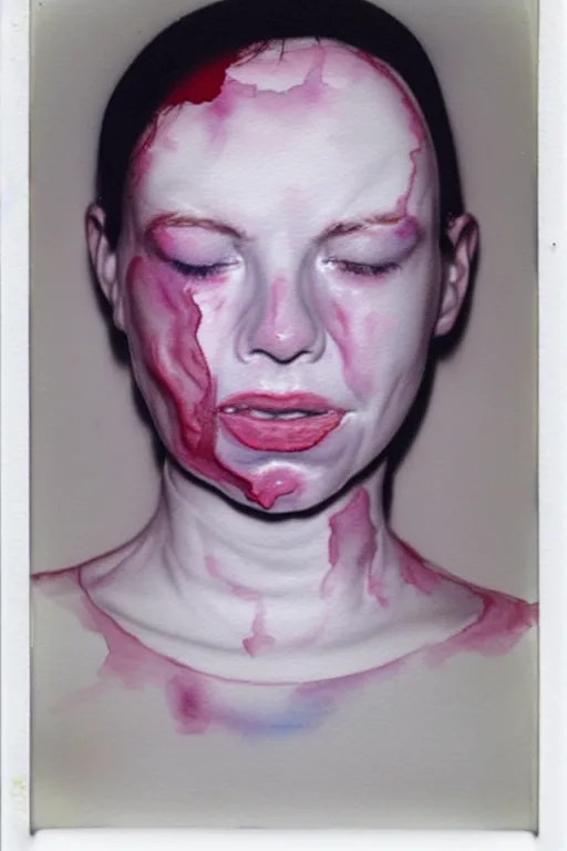 Image similar to watercolor, a liquid white clay porcelain portrait of a face melt down flow go runny, body painted with white thick fluid by marlene dumas, realistic detailed watercolor polaroid, grainy image, contrast