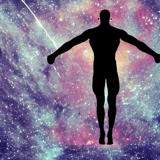 Image similar to athletic man doing a pullup using gymnastic rings, silhouette, long shot, in a cosmic nebula background, matte colors, very very very dramatic, inspiring digital art trending on artstation