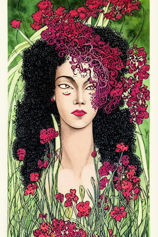 Prompt: realistic face of beautiful black woman with curly hair with red and purple flowers growing around, flower frame, detailed art by kay nielsen and walter crane, illustration style, watercolor