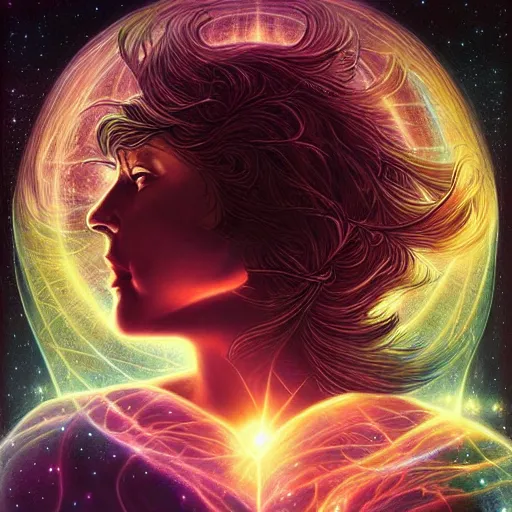 Prompt: beautiful portrait of intelligence, spatial space deformation in latent space, math art, astral plane, key light, by artgerm and dan mumford and gustave dore