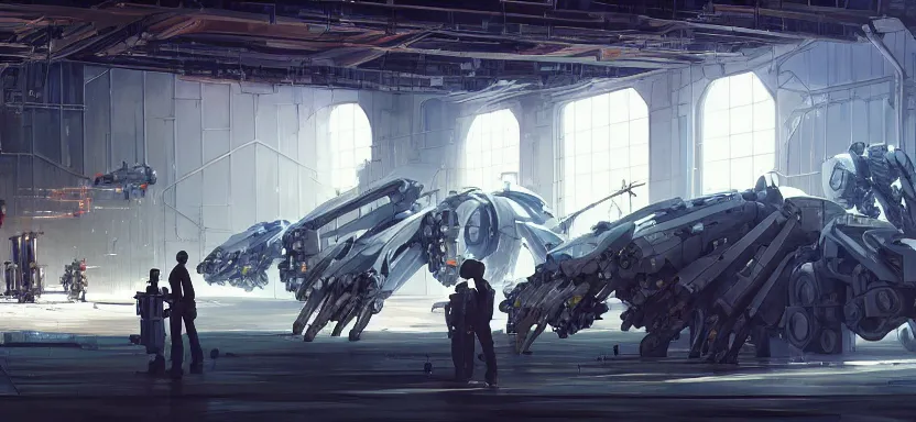 Image similar to Futuristic mecha hangar with workers and machinery, light effect, by Greg Rutkowski and Andreas Rocha on artstation, high-definition picture, Matte painting, mechanical, Unreal Engine, hard surface, 4k