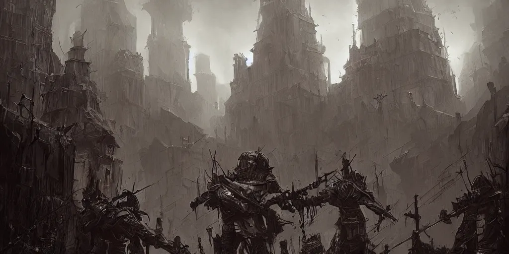 Image similar to grimdark fantasy fortress, trench crusade soldiers, terrifying architecture, looming, dark, fog, atmospheric cold lighting, dark souls, hyperrealistic, art by sparth