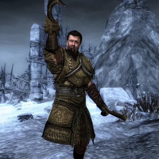 Image similar to Igor Ghirkin Strelkov in The Elder Scrolls V: Skyrim, cinematic still