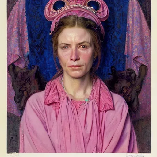 Image similar to a frontal portrait of a priestess, dressed in pink and blue, so happy that her face hurts, by donato giancola and norman rockwell.
