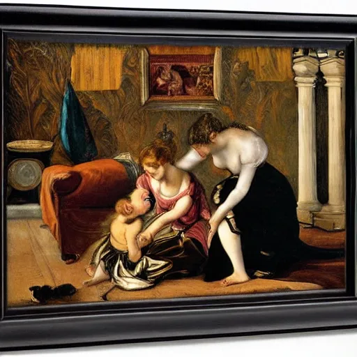 Prompt: Two women compete on the affection of a mindless male child, in a sad old living room, by Tintoretto