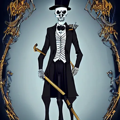 Image similar to DND character, skeleton, Tall skeletal figure, wearing a deep black suit and tie and top hat. golden cane in his right. Light blue flames envelop his whole body