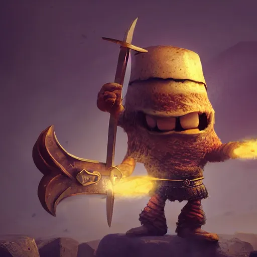 Image similar to viking battle toast, a slice of toasted bread with a face, arms and legs, holding a sword, cute, pixar, volumetric lighting, dynamic composition, fantasy, hyper detailed, ultra realistic, sharp focus, octane render, concept art by ruan jia and heng z and artem