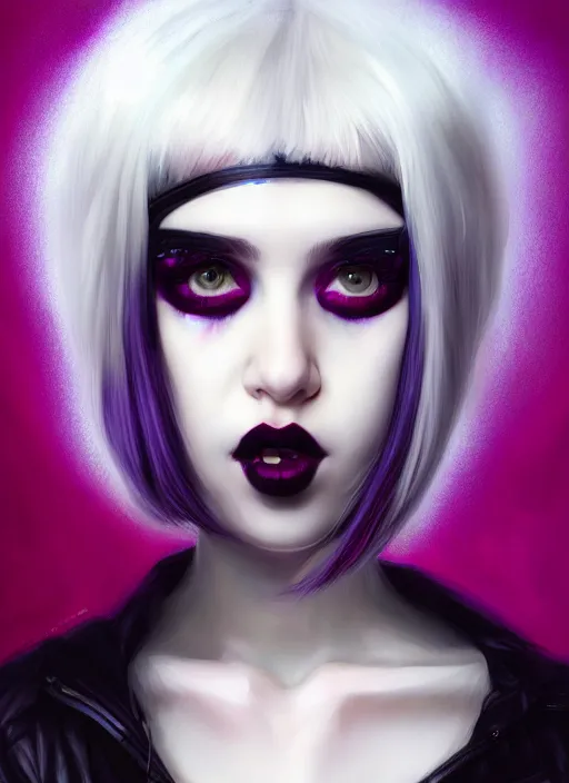 Image similar to portrait of white teenage girl, normal face, white bangs, mall goth, cyberlox, black and white hair, bangs, fluffy bangs, red contact lenses, purple lipstick, intricate, elegant, highly detailed, digital painting, artstation, concept art, sharp focus, smooth, illustration, art by wlop, mars ravelo and greg rutkowski