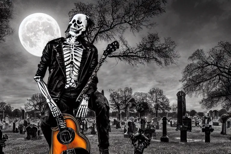 Prompt: skeleton in a leather jacket playing black electric guitar in a cemetery, rock concert, dark night, full moon, crows on the oak tree, highly detailed digital art, photorealistic