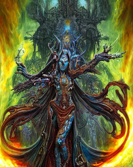 Prompt: silver mechanical charred bloody fleshmetal obliterator cyborg daemonhost woman wearing robes, psychedelic flamer of tzeentch with extra arms gunner, blue and green rainbow fire, by antonio j. manzanedo, alex grey, android jones, wayne barlowe, philippe druillet, josephine wall, eve ventrue, cronenburg, trending on artstation