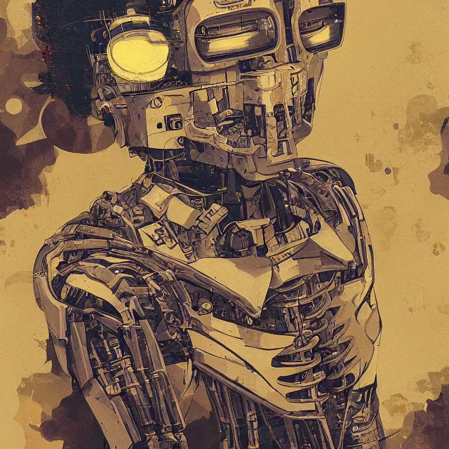 Image similar to robot artist painting a self - portrait on a canvas. intricate, highly detailed, digital matte painting, in the style of alexandros pyromallis, and in the style of sachin teng, and in the style of hans thoma, and in the style of simon bisley. irony, recursion, inspiration.