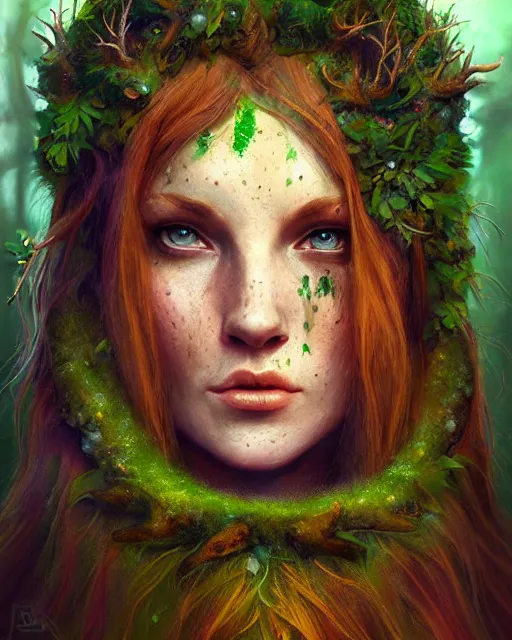 Image similar to female druid, perfect face, thin antlers, green tunic, ginger hair, cinematic, freckles, stunning, muscular, abs, highly detailed, psychedelic, digital painting, artstation, smooth, hard focus, illustration, art by jessica rossier and and brian froud