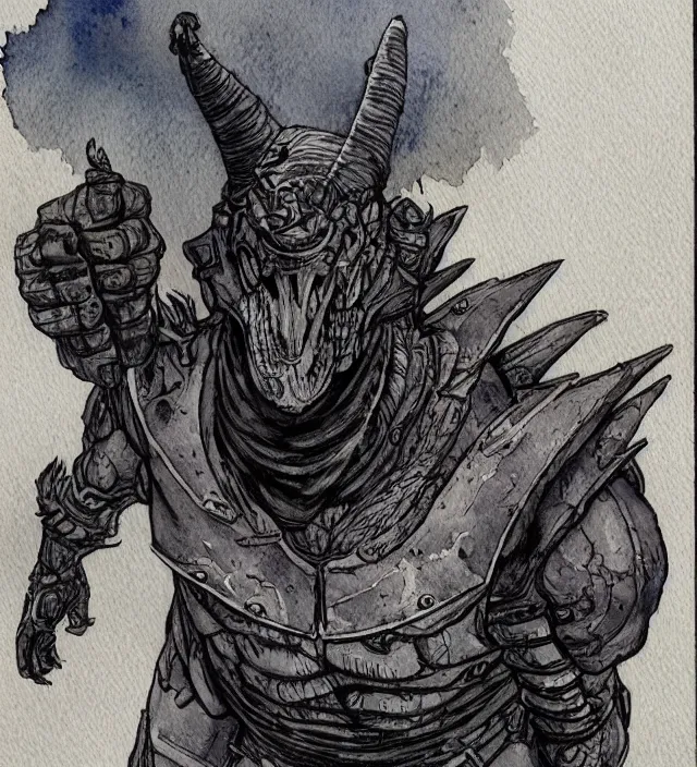 Image similar to a 3 / 4 view watercolor ink painting of human / deathclaw hybrid as a raider / bandit in the style of jean giraud in the style of moebius trending on artstation deviantart pinterest detailed realistic hd 8 k high resolution