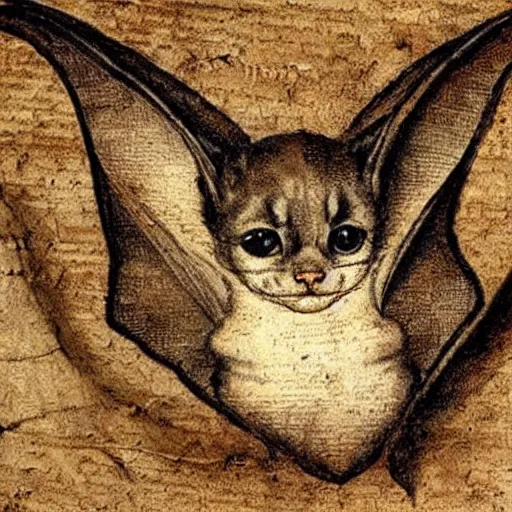 Image similar to anatomy of a bat kitten on parchment, very detailed, by leonardo davinci