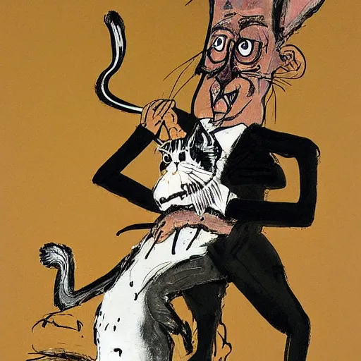 Image similar to a detailed painting of a man with a cat on his back by gerald scarfe and ralph steadman