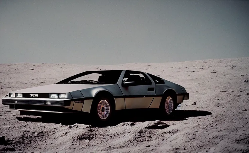 Prompt: a dreamy retro 8 0 s photo of a delorean on the moon, bloomy, colorful