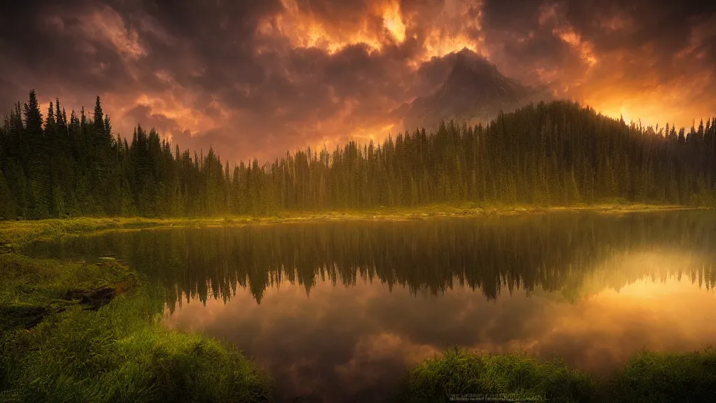 Image similar to amazing landscape photo of a forest with lake in sunset by marc adamus, beautiful dramatic lighting