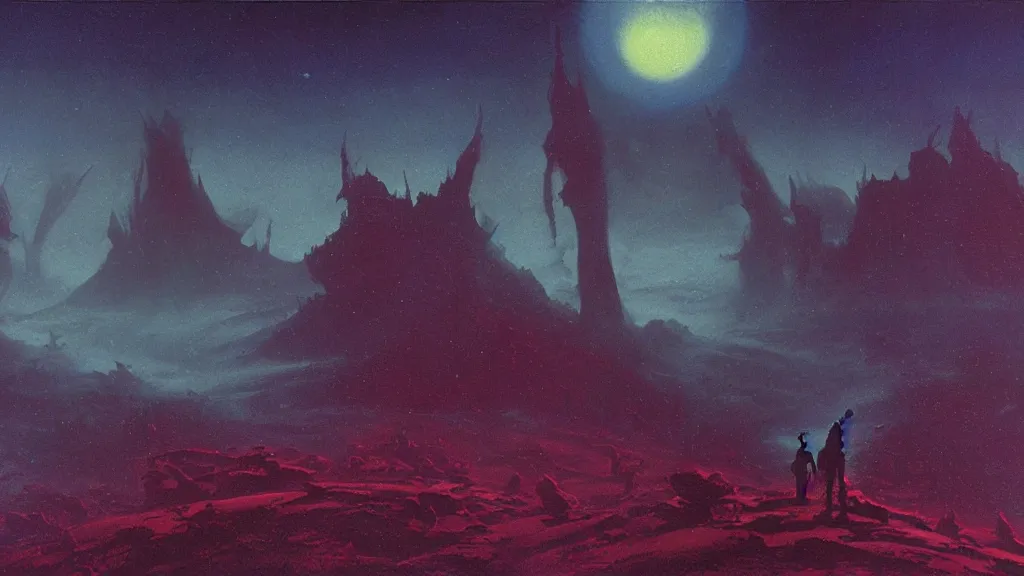 Prompt: eerie atmospheric alien planet by paul lehr and jack gaughan and john schoenherr, epic cinematic matte painting