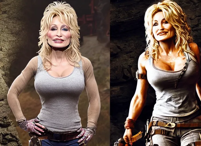 Image similar to film still of!!!! dolly parton!!! as lara croft in new tomb raider movie, 8 k