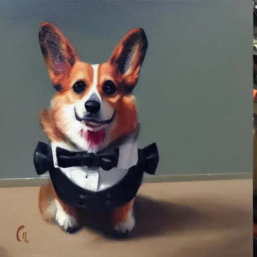 Image similar to oil painting, a developer corgi in a suit, intricate, masterpiece, artstation, stunning