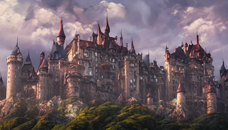 Image similar to A highly detailed matte painting of dracula's huge castle, by Studio Ghibli, Makoto Shinkai, by Artgerm, by beeple, by Greg Rutkowski, volumetric lighting, octane render, 4K resolution, trending on artstation, masterpiece