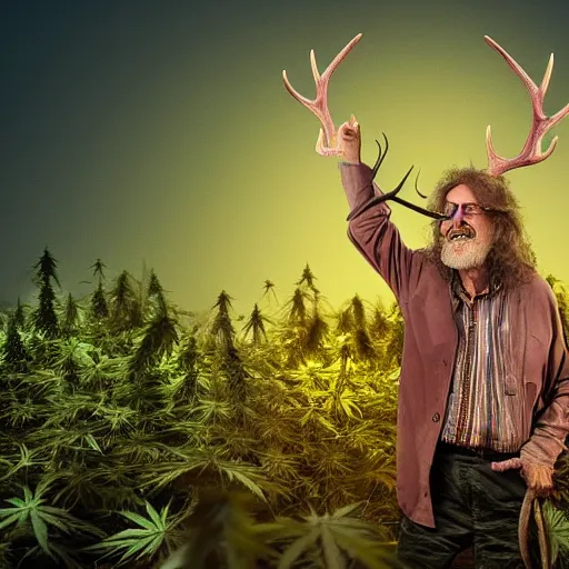 Prompt: intoxicated lazy older hippie wearing twigs and leaves and antlers smiling sheepishly in a field of cannabis plants, highly detailed, dramatic lighting, night time, cinematic, sci - fi, hyperrealistic, detailed