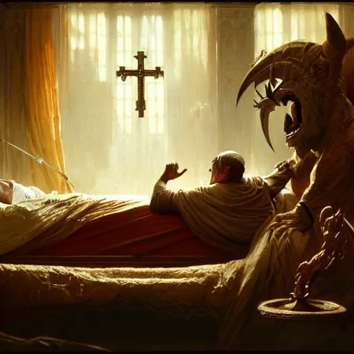 Image similar to the catholic pope in his bed, scared, because a horned demon is attacking the pope. highly detailed painting by gaston bussiere, greg rutkowski, craig mullins 8 k