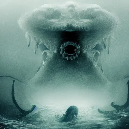 Prompt: sea monster, wide angle, pov underwater, abomination, pale skin, dark and foggy water, misty, dark, dramatic,'silent hill ', big eyes, terrifying, horrific, cinematic