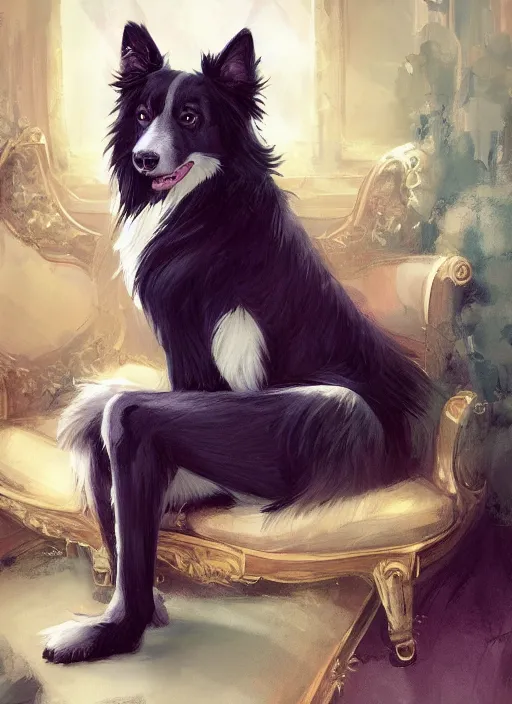 Image similar to wide angle beautiful full body portrait of a cute male anthropomorphic anthro border collie fursona sitting in a parlor room, character design by charlie bowater, henry asencio, and ross tran, disney, scenic background, detailed, aesthetic, trending on artstation, furaffinity, deviantart