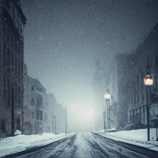 Image similar to street, snowstorm, silhouette in the distance, monster, creepy, horror, hyper realistic,