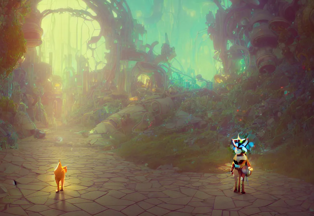 Image similar to a dreamy otherworldly 3 d render of anthropomorphic cyborg rodent on pathway to castle, studio ghibli, pixar and disney exploded - view drawing, sharp, disney octane render splatter paint vray by shinji kimura and alphonse mucha and alena aenami, maximalist pastel color palette, ( ( bloom ) ), dramatic lighting