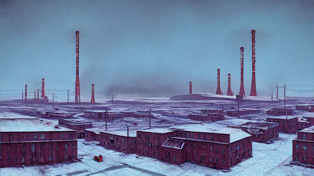 Prompt: Nuclear, Redwood Desolation; Location: Norilsk Russia; by Simon Stålenhag; retro natural-futurism;